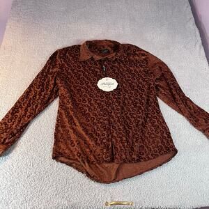 VTG Bergati womens sz 2XL brown long sleeve button front rings of velvet pattern